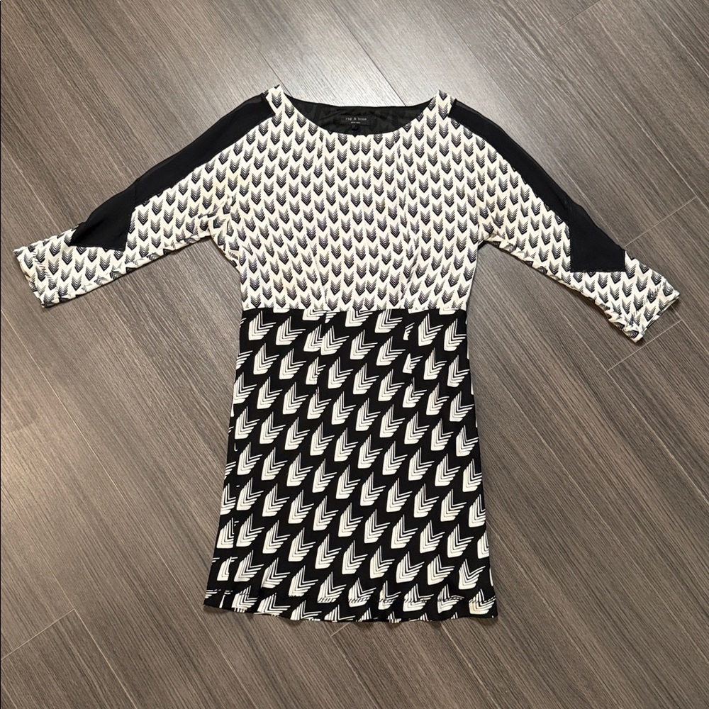 RAG & BONE EUC Chevron Print Three Quarter Sleeve Dress in Black White Size S